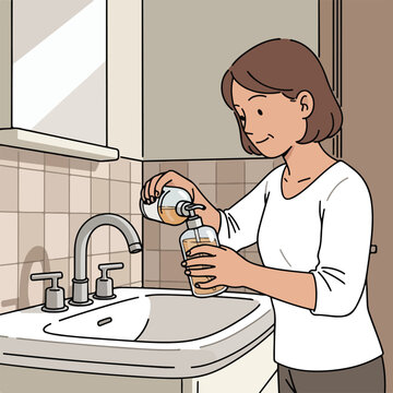Smiling woman in a bathroom refilling a liquid soap dispenser from a bottle over a sink