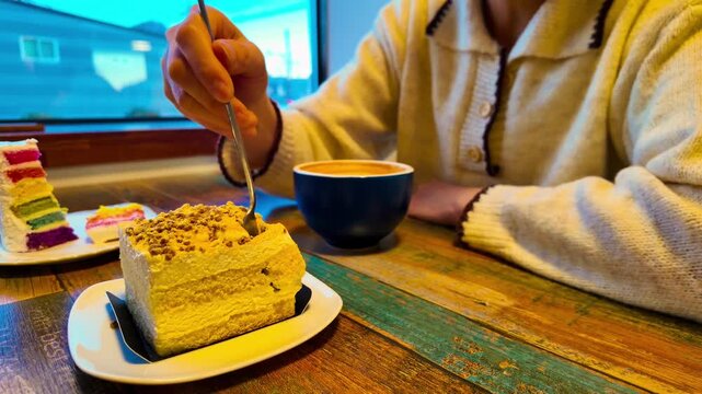 Woman eats fresh baked homemade cake with coffee