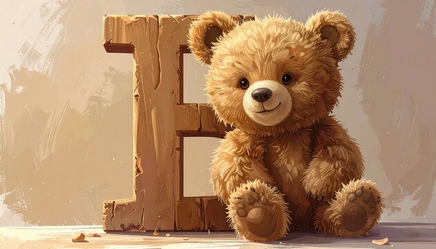 Alphabet letter &ldquo;B&rdquo; with cute teddy bear, soft brown color, friendly expression