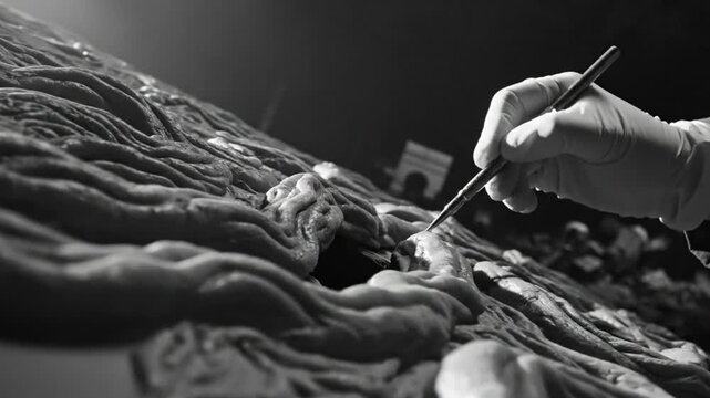Black and white close up of gloved hand carving organic abstract sculpture with Arc de Triomphe in background