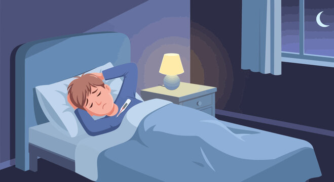 A Sick Person Lying in Bed with A Thermometer, Illuminated By Lamp and Moon