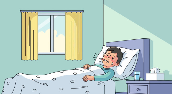 A Sick Person Lying In Bed With A Thermometer, Illustrated In Vibrant Colors