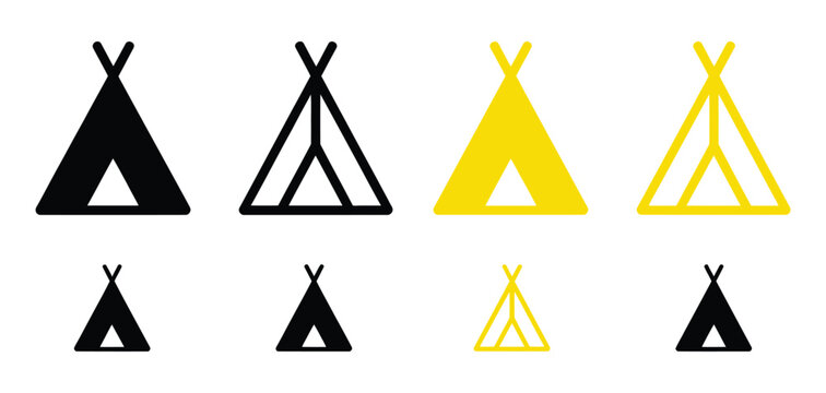 Camping tent icon set teepee and wigwam vector symbols outdoor adventure sign collection minimalist black and white tent design concept.