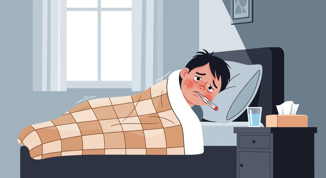 A Sick Person Lying In Bed Wrapped In a Blanket Checking Body Temperature