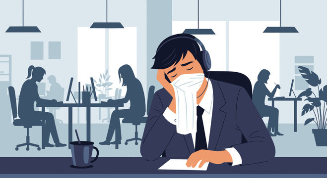 A Sick Worker Wearing Mask Has Difficulty Working Within The Workplace Setting