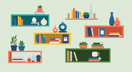 Colorful illustration of seven shelves with books and decorations © Boy