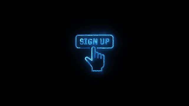 Neon glowing Sign up button video animation on black background. Neon Hand Cursor Clicking sign up button animation. Click button business concept. Neon glowing Finger cursor animation.