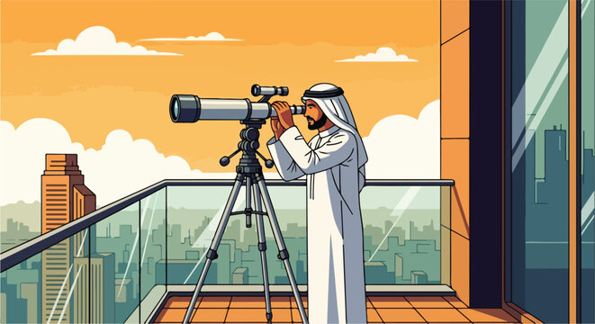 Arab man in white thobe views cityscape with telescope from high-rise balcony at sunset