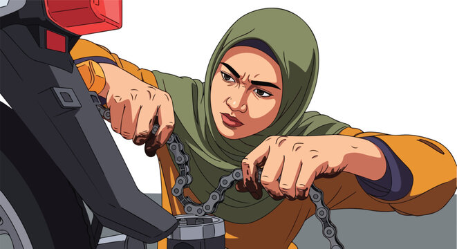 Focused woman in hijab fixing a greasy vehicle chain with dirty hands, anime art