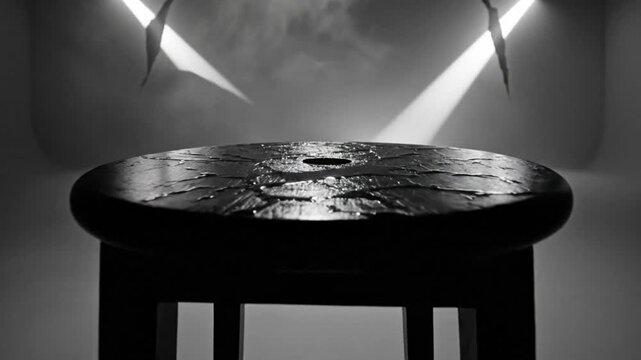 Dramatic black and white close-up of a stool on a stage illuminated by theatrical lighting with moody atmospheric fog