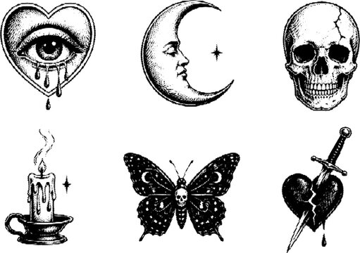 Halftone vector dotted retro grunge transparent heart moon skull candle butterfly dagger design