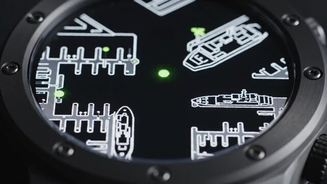 A close-up video shows a green light moving across a technical watch face featuring schematic ship designs. The dark metallic bezel and glowing indicators create a tactical and futuristic feel.