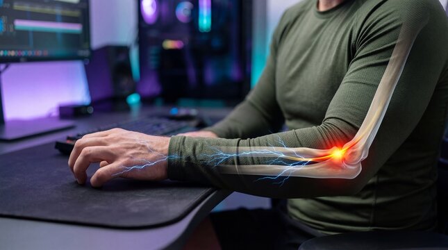 Man suffering from elbow pain while using computer. Digital visualization of nerve inflammation and joint injury. Medical concept of musculoskeletal disorder and office syndrome ailment.