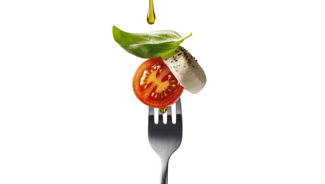 Fresh tomato slice mozzarella cheese and basil leaf on fork, isolated on transparent background