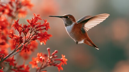 Obraz premium Graceful Hummingbird with Iridescent Feathers Approaching Bright Scarlet Blooms for Nectar