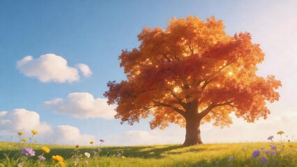 Obraz premium Solitary tree with autumn leaves in a meadow