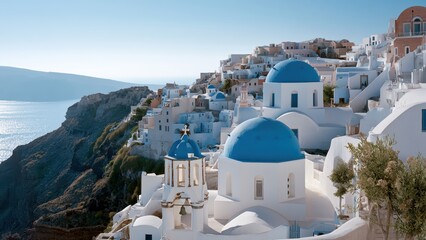 Fototapeta premium Iconic white buildings and blue domes overlook the sparkling Aegean Sea in picturesque Santorini, Greece