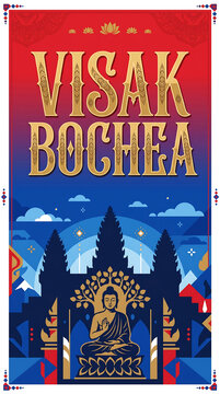 Visak Bochea Cambodia Festival Illustration with Angkor Wat and Buddha Traditional Khmer Poster 9:16