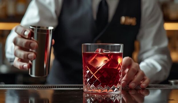 glass of wine a rich, crimson liquid from a gleaming metal jigger into a sparkling crystal glass brimming with glistening ice cube created with generative ai