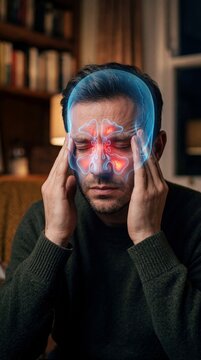 Man touching his head because of sinus pain. Caucasian male with highlighted inflammation in facial skull areas. Concept of sinusitis, medical diagnosis, symptom and healthcare problem.