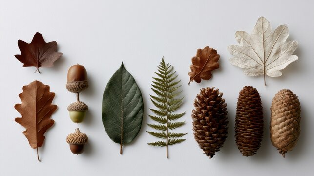 Autumnal nature collection featuring diverse leaves, acorns, and pinecones beautifully arranged on a minimalist white background.
