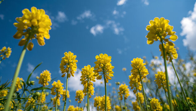 鮮やかな青空に映える菜の花が印象的な春の風景写真