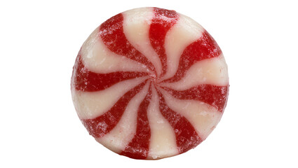 Round red and white striped peppermint candy, isolated on transparent background