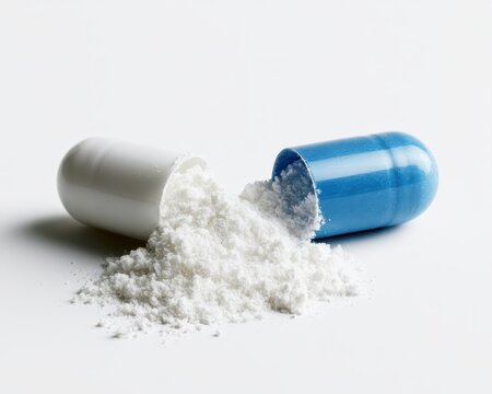 Open blue and white medical capsule pill with white powder spilling out on a clean white background in a high resolution studio macro photography shot for pharmaceutical industry