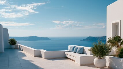 Obraz premium Tranquil Mediterranean terrace with white architecture, cozy seating, and breathtaking ocean views on a sunny day