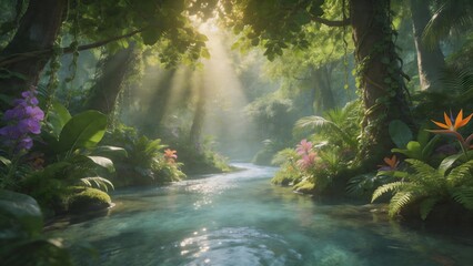 Fototapeta premium Sunlit jungle stream with vibrant flora