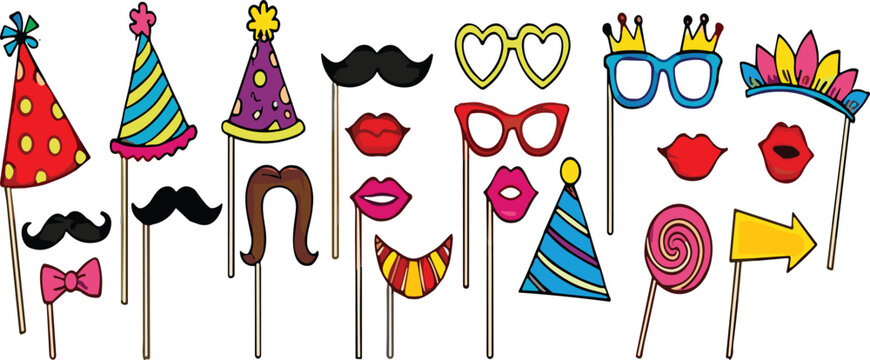 Party photo booth props collection with hats, glasses, lips and mustaches, fun celebration vector set