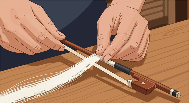 Hands meticulously re-hairing a violin or cello bow, arranging white horsehair on wood