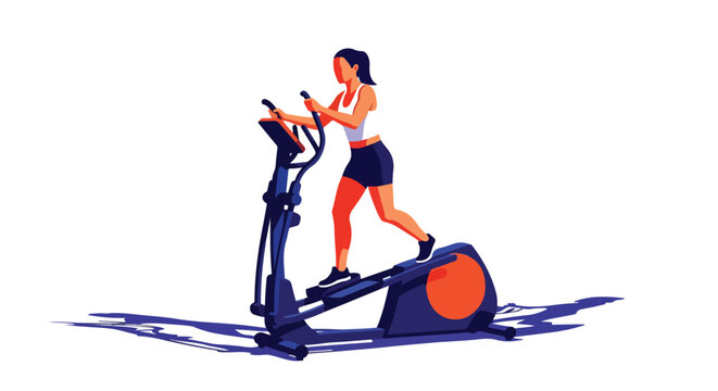 Female exercising on an elliptical machine, dynamic flat illustration on white background