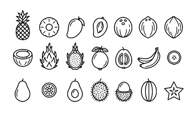Minimal Tropical Fruit Outline Icons for Organic Packaging and Product Labels