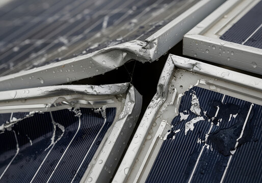 Close-up macro shot of damaged solar panel corners with bent metal frames and water droplets, isolated on transparent background, illustrating energy infrastructure failure.