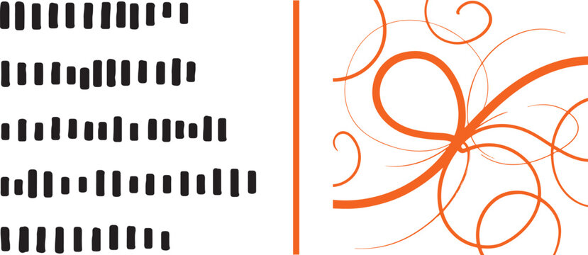 Abstract graphic with black dashed lines and orange swirls. Representing the contrast between digital data and organic creativity, ideal for modern branding