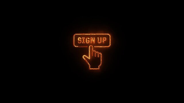 Neon glowing Sign up button video animation on black background. Neon Hand Cursor Clicking sign up button animation. Click button business concept. Neon glowing Finger cursor animation.