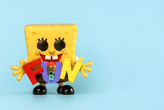 Funko POP vinyl figure of SpongeBob SquarePants character of the TV serie of Nickelodeon and space for text. Illustrative editorial