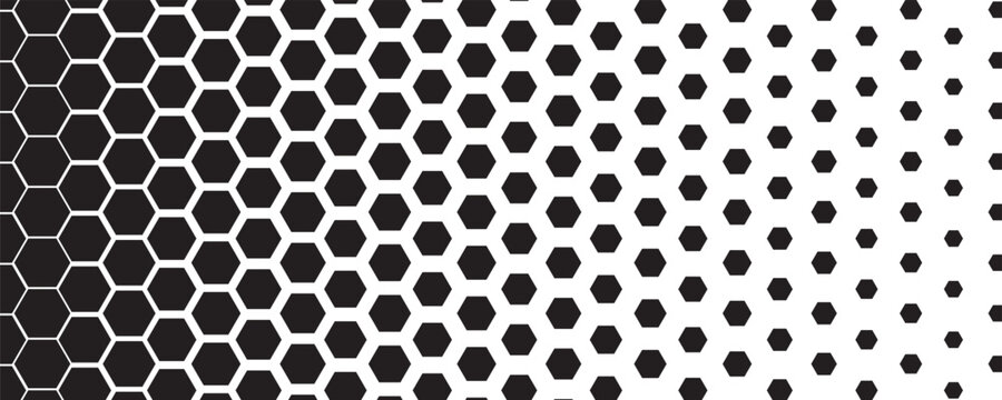 Halftone lattice with hexagon. Gradient transition grid with fade effect. Degrade background with black hexagon size gradation. Vertical border with gradient transition lattice, vector illustration