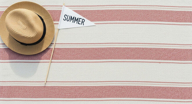 Straw hat and a "SUMMER" flag on a striped blanket, evoking a relaxed vacation vibe.