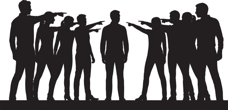 Group of people pointing at a single person silhouette representing blame and social exclusion concept vector illustration