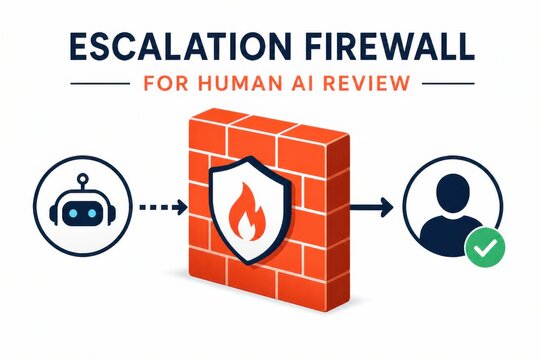 Escalation firewall concept with robot and user icons for human AI review and content moderation workflow