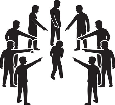 Group of people pointing fingers at a single person in the center representing social bullying and blame
