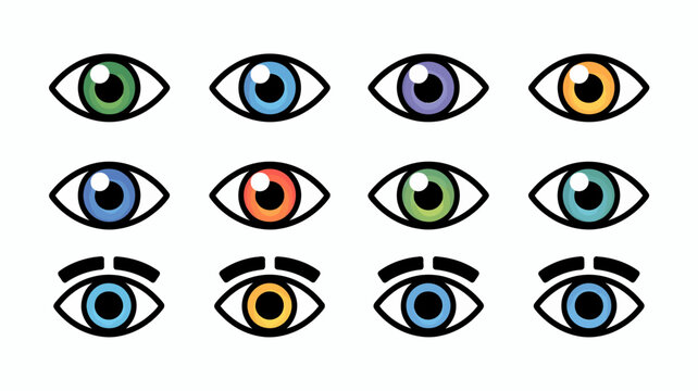 Collection of nine colorful human eyes with black outlines on a white background high quality professional