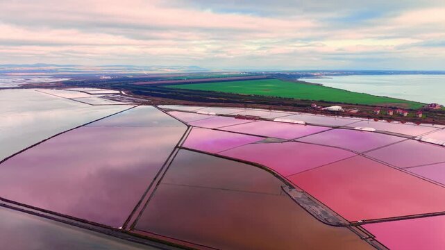 Aerial view of geometric salt evaporation basins with varying shades of pink and blue near green fields and the sea coastline. Pink salt production ponds and sea.