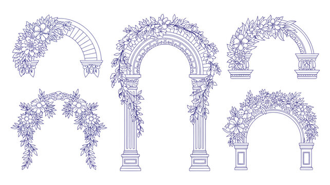 floral archway collection detailed line art illustrations with botanical elements on white background high quality professional