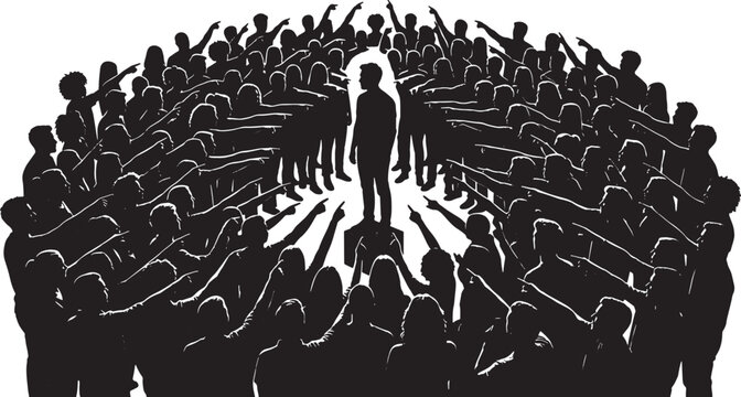 Silhouette of a person standing in the center surrounded by a crowd pointing fingers at them