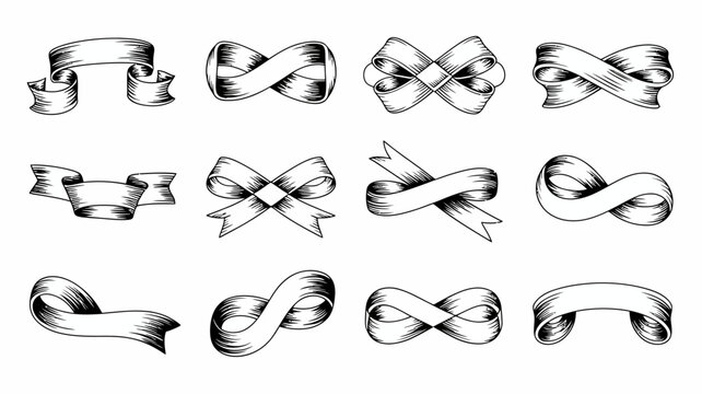 Collection of vintage ribbon banners and scroll shapes black and white engraving style high quality professional