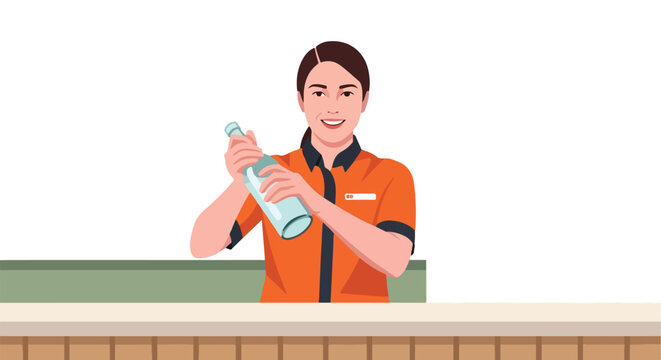 A smiling woman in an orange uniform shakes a clear bottle behind a counter