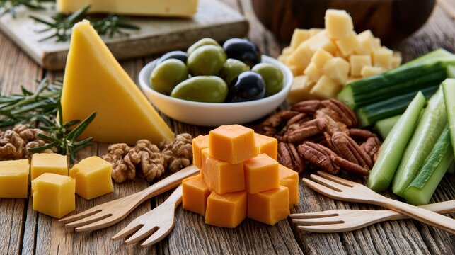 Assorted cheese cubes with green and black olives plus fresh cucumber sticks and crunchy nuts arranged on a rustic wooden table with small wooden appetizer forks for serving